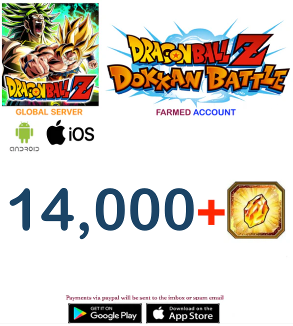 (Global Server)(ANDROID VERSION) 14.000 + Dragon Stones Dragon Ball Dokkan Battle Farmed Account