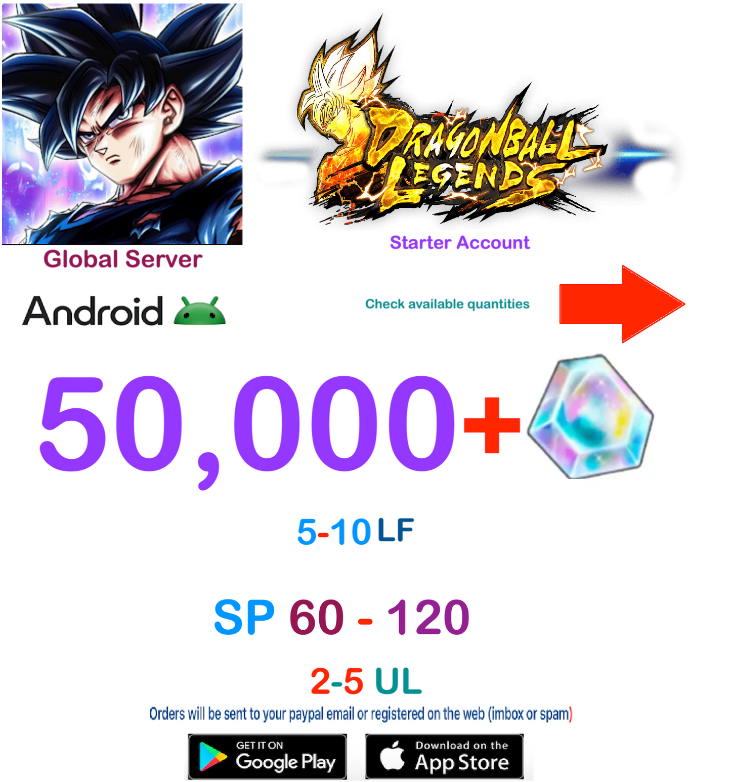 (Global Server)(Android VERSION) 70,000 Crystal Dragon Ball Legends Starter Account
