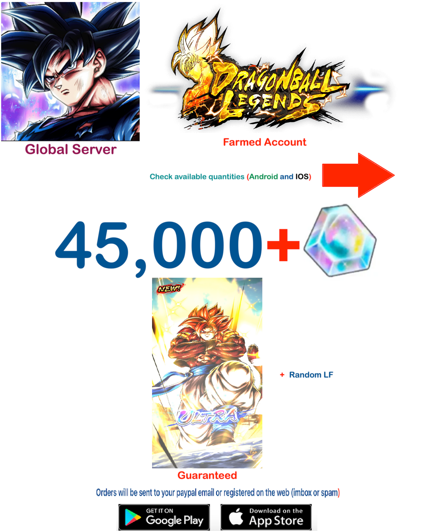 (Global Server)(Android-IOS VERSION) Super Saiyan 4 Gogeta (38k - 45k)+ Crystal Dragon Ball Legends Farmed Account
