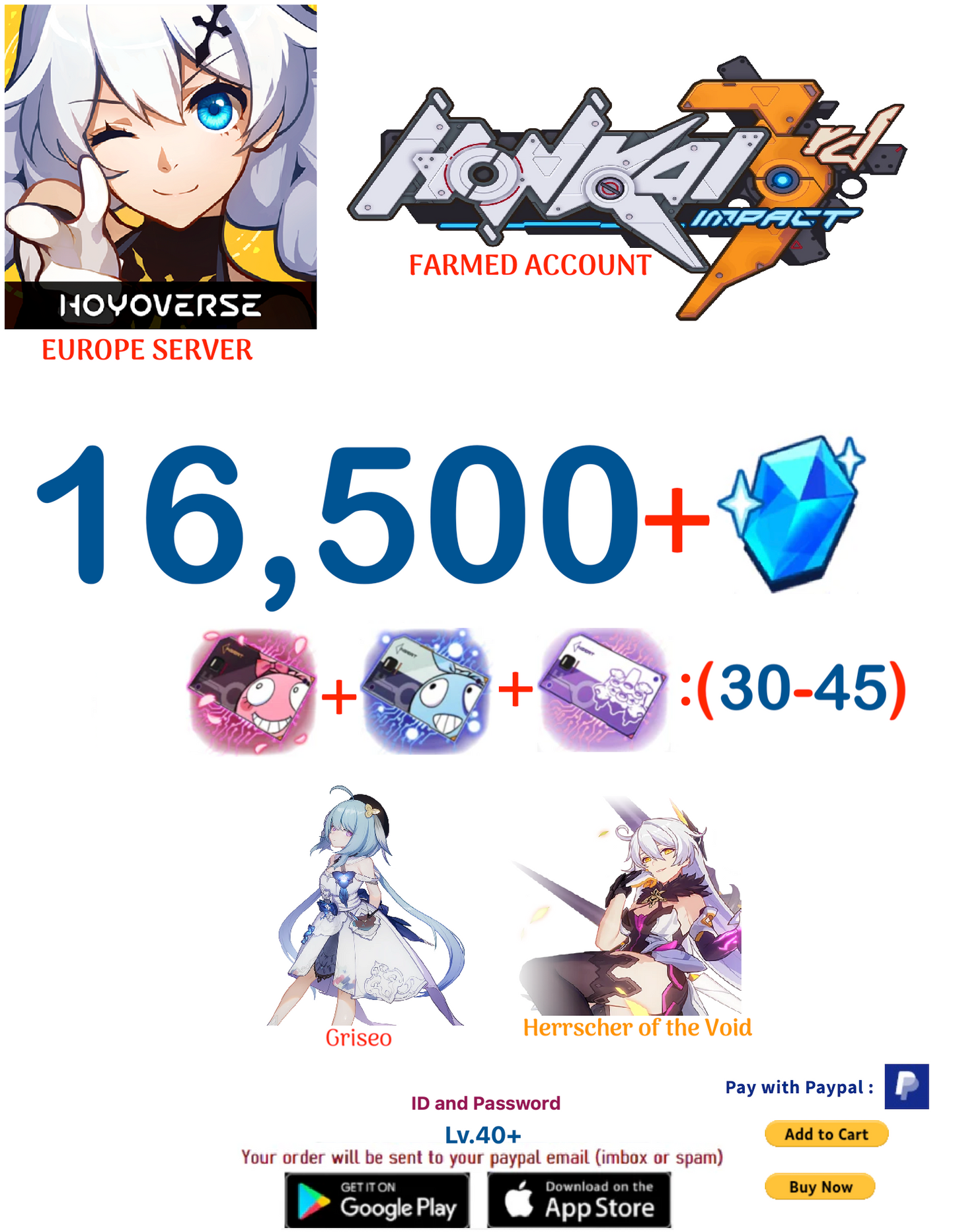⭐ Europe Server⭐ Instant Delivery⭐ 16,500 Crystals (20-25) + Supply Cards Honkai Impact 3rd Farmed Account