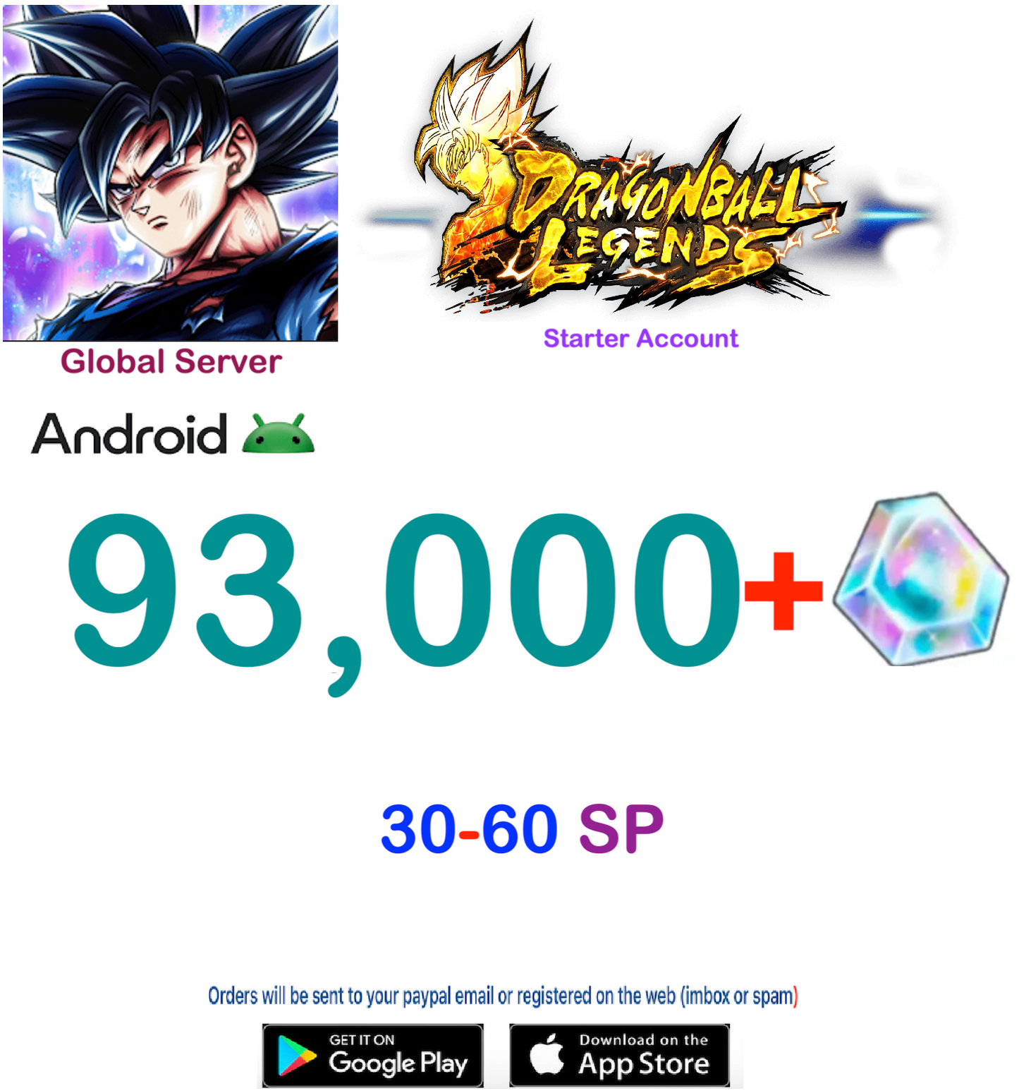 (Global Server)(Android VERSION) 93,000 Crystal Dragon Ball Legends Starter Account