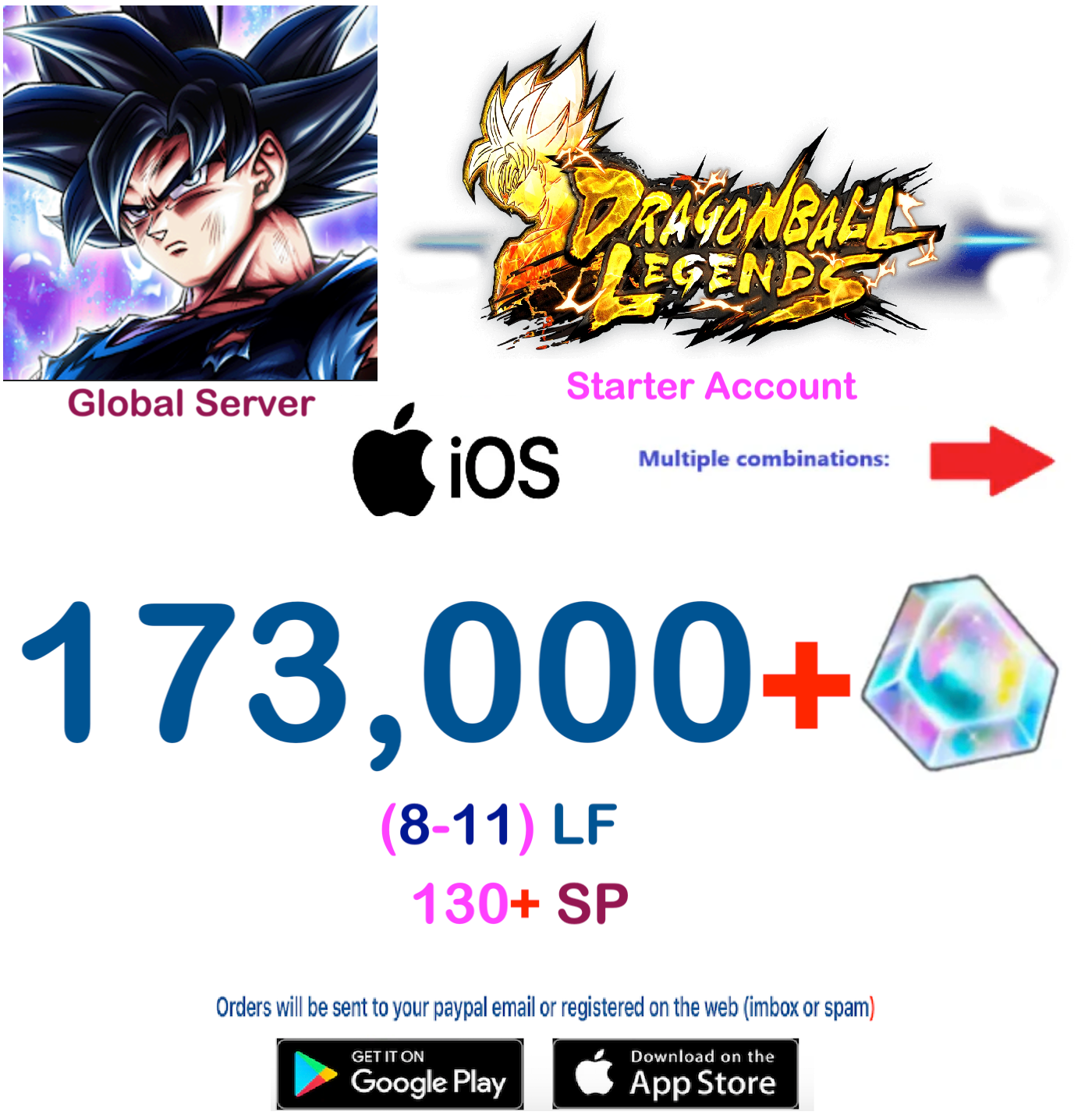 (Global Server)(IOS VERSION) 173,000 + Crystal Dragon Ball Legends Stater Account