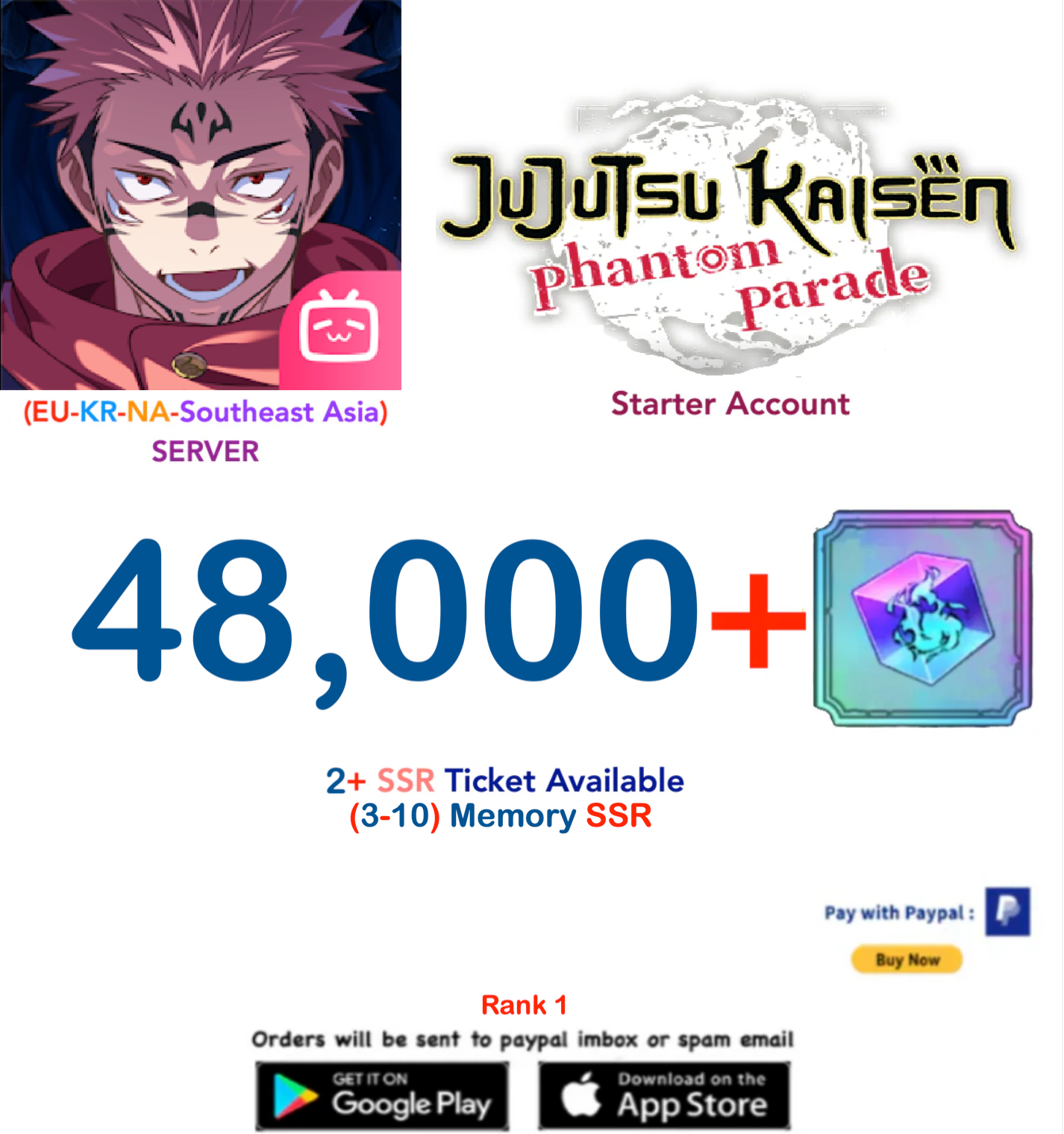 (NA-EU-KR-SA Server) 48000 Gems Jujutsu Kaisen: Phantom Parade Reroll Starter Account