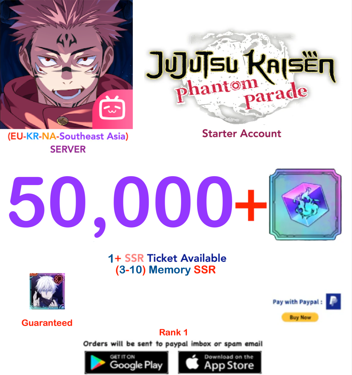 (NA-SEA-EU-KR Server) 50,000 Gems + (Within Infinity) Satoru Gojo Jujutsu Kaisen: Phantom Parade Reroll Starter Account