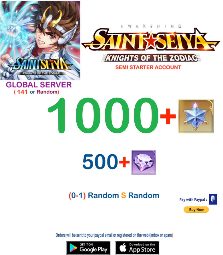 (Global Server) 1000 Advanced Gems Saint Seiya Awakening KOTZ Semi Starter Account
