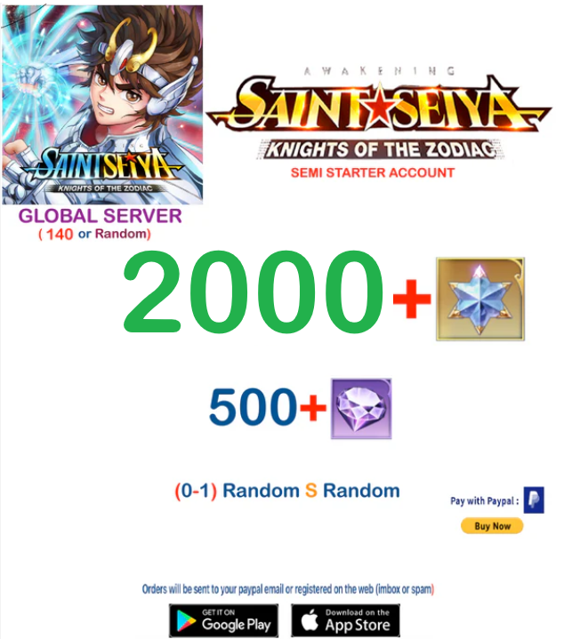 (Global Server) 2000 Advanced Gems Saint Seiya Awakening KOTZ Semi Starter Account