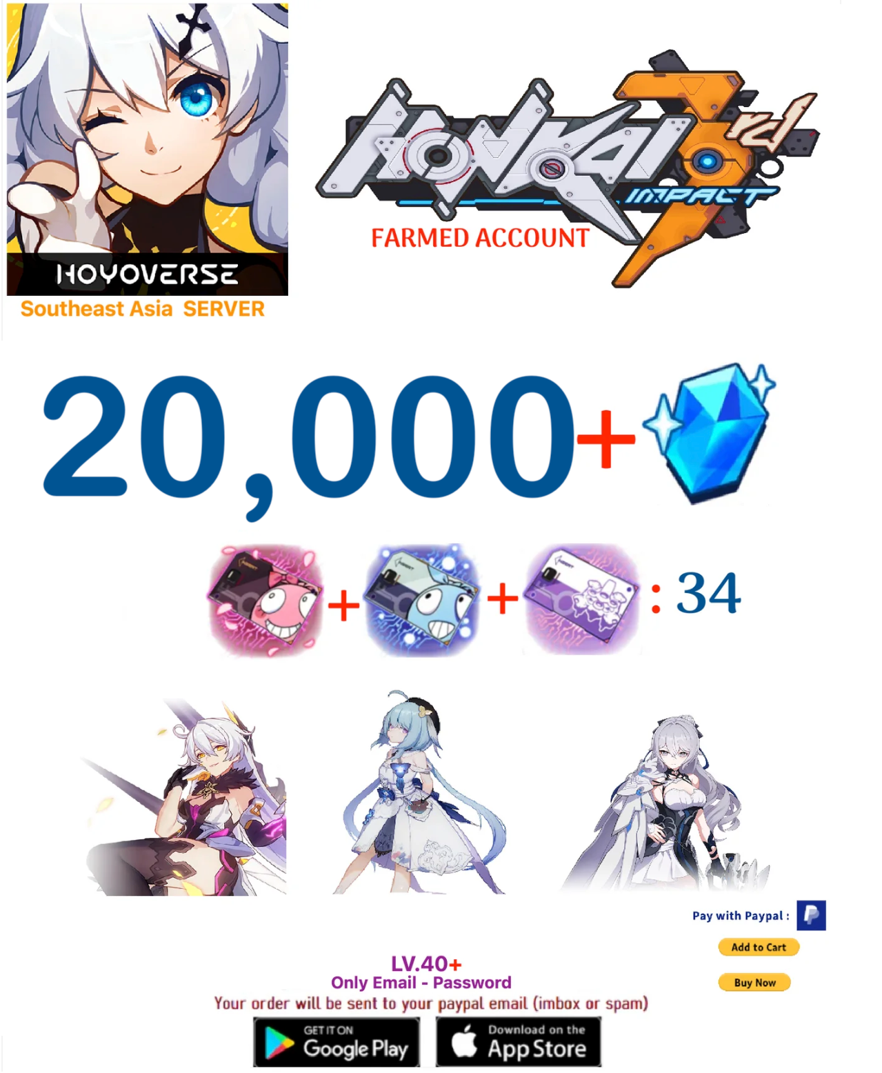 ⭐SouthEast Asia Server⭐ Instant Delivery⭐ 20,000 Crystals 34 + Supply Cards Honkai Impact 3rd Farmed Account