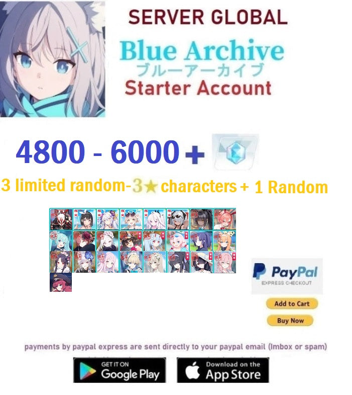 ⭐GLOBAL SERVER/Unlinked/NA⭐4800+ Gems, 3 Limited random 3 ⭐ + 1 Random Blue Archive Starter Reroll Account