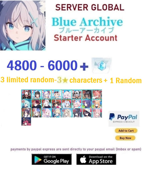 āGLOBAL SERVER/Unlinked/NAā4800+ Gems, 3 Limited random 3 ā  + 1 Random Blue Archive Starter Reroll Account