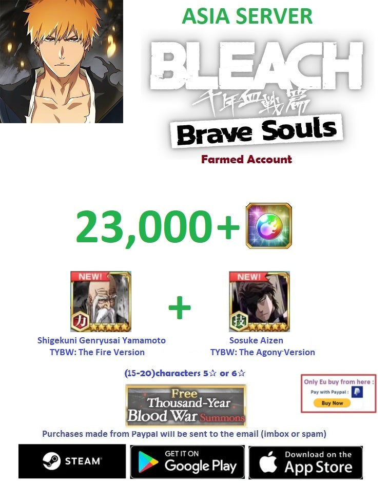 (Asia Server) 23.000 + Gems Bleach: Brave Souls Farmed Account
