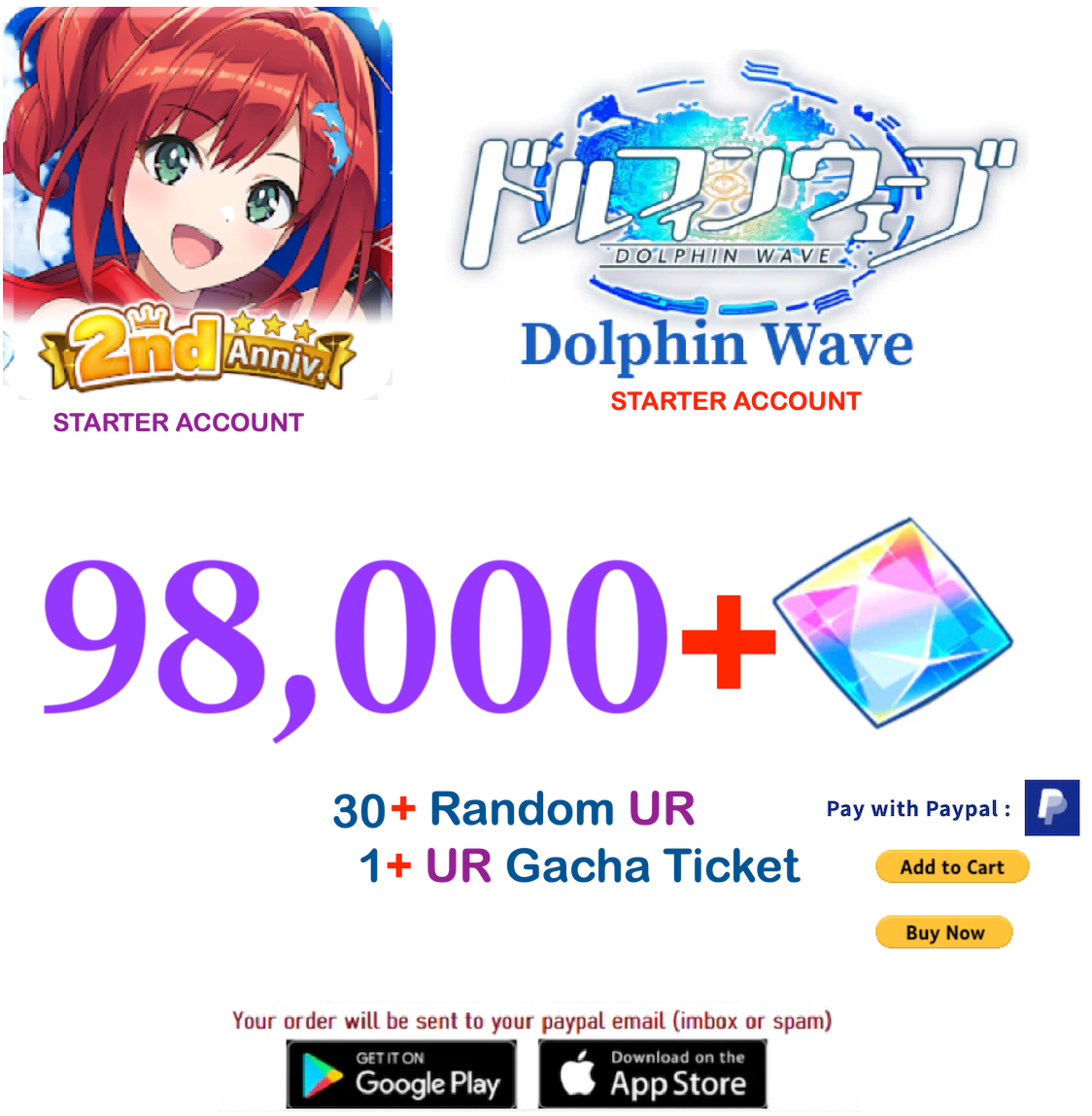 (Japan Server) 98.000+ Gems +30 UR Dolphin Wave Reroll Starter Account
