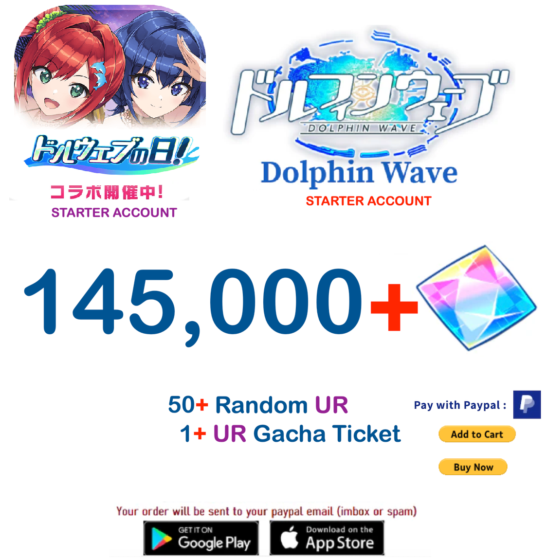 (Japan Server) 145.000+ Gems +50 UR Dolphin Wave Reroll Starter Account