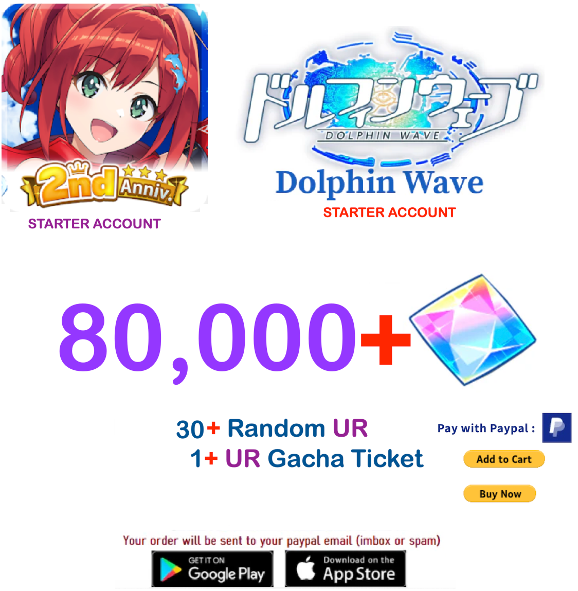 (Japan Server) 80.000+ Gems +30 UR Dolphin Wave Reroll Starter Account