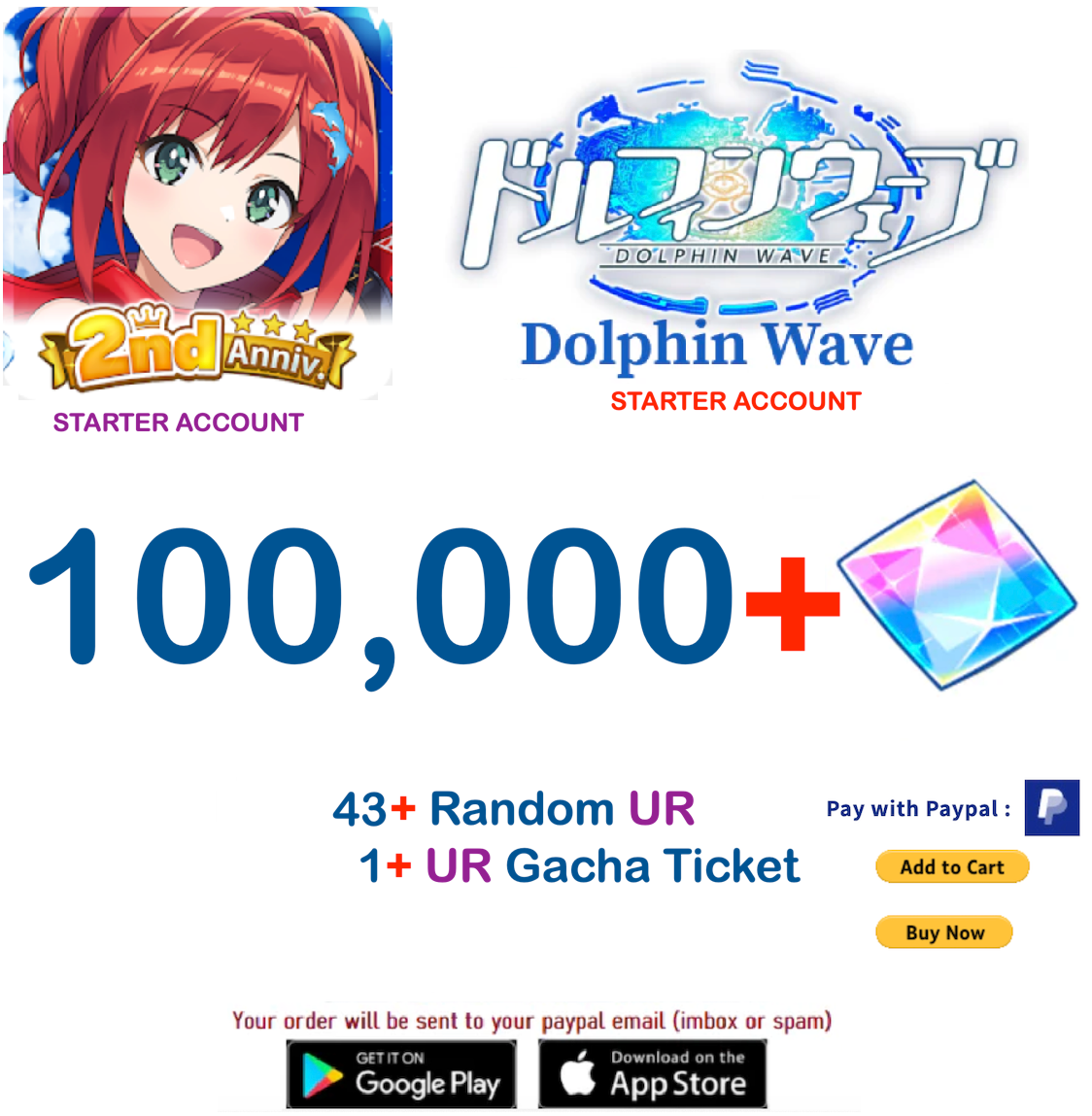 (Japan Server) 100.000+ Gems +43 UR Dolphin Wave Reroll Starter Account