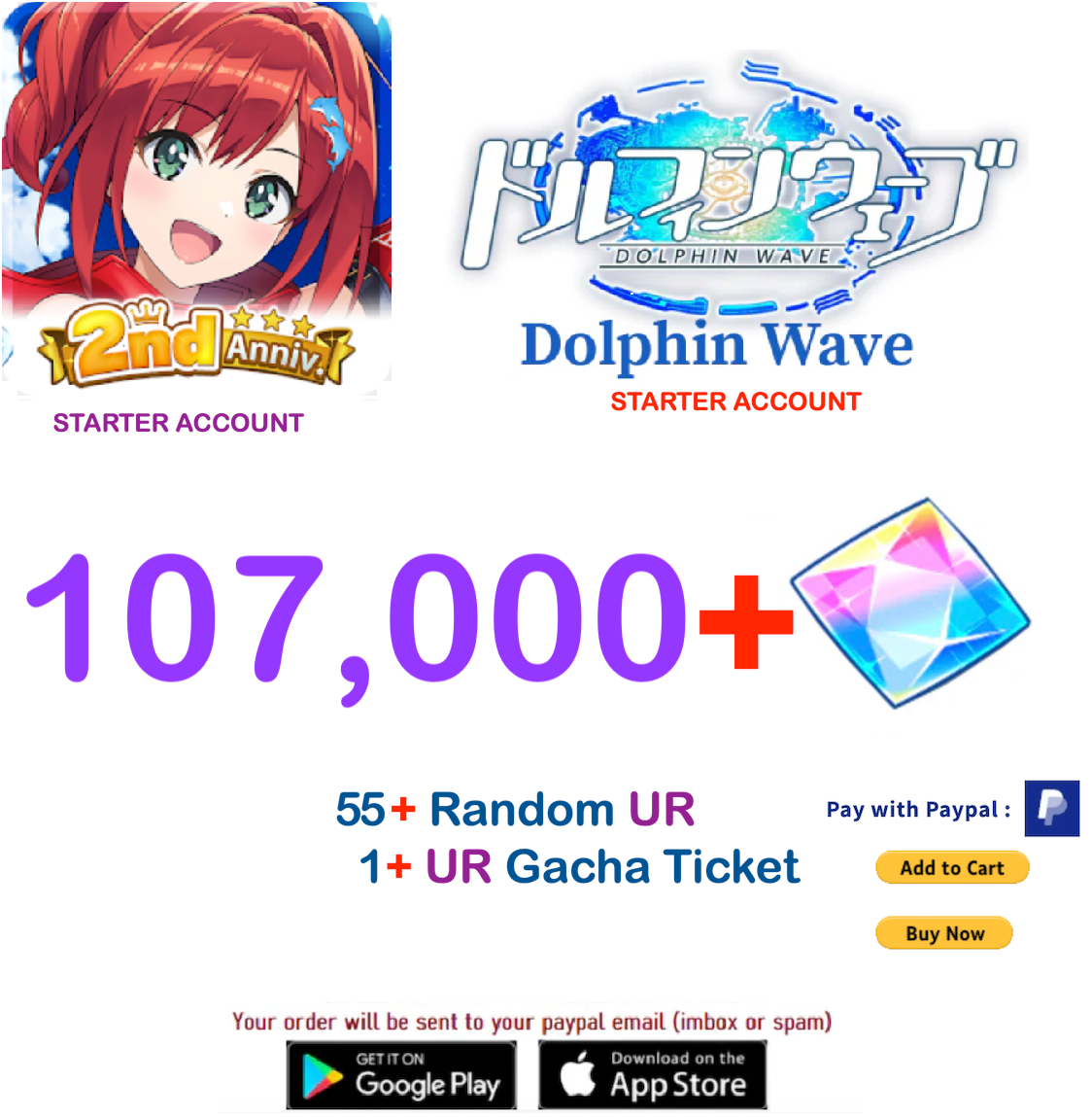 (Japan Server) 107.000+ Gems +55 UR Dolphin Wave Reroll Starter Account