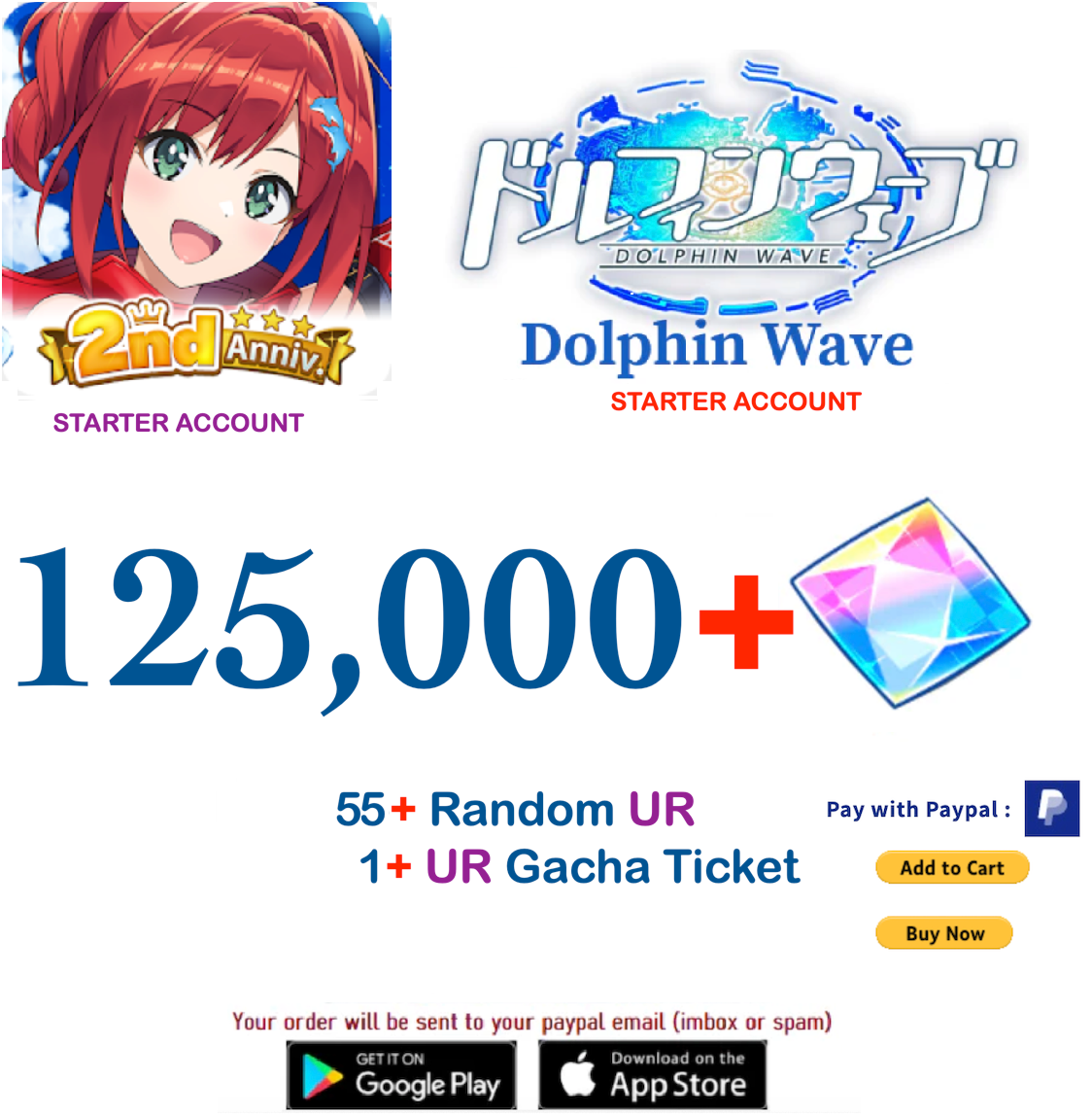 (Japan Server) 125.000+ Gems +55 UR Dolphin Wave Reroll Starter Account