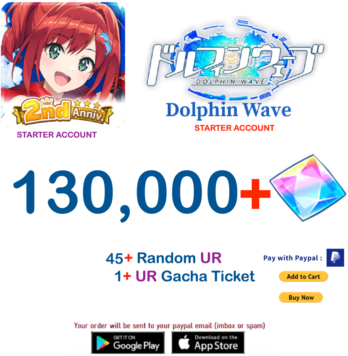 (Japan Server) 130.000+ Gems +45 UR Dolphin Wave Reroll Starter Account