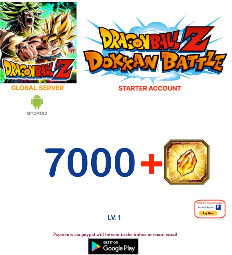 (Global Server)(ANDROID VERSION) 7000 + Dragon Stones Dragon Ball Dokkan Battle Starter Account