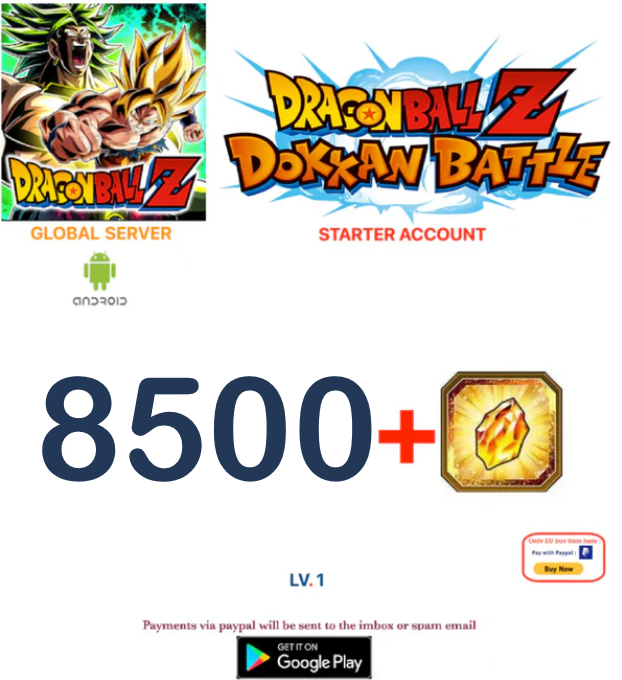 (Global Server)(ANDROID VERSION) 8500 + Dragon Stones Dragon Ball Dokkan Battle Starter Account