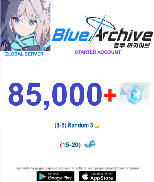 āGLOBAL SERVERā85,000+ Gems, (3-5)- 3ā Blue Archive Starter Reroll Account