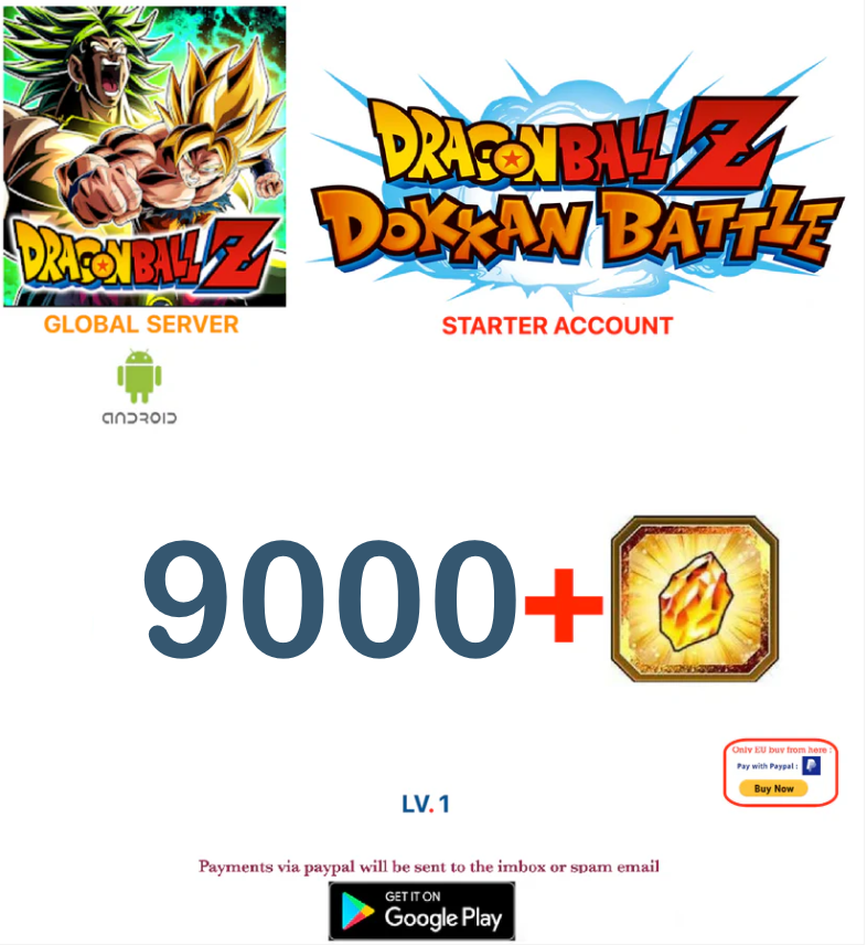 (Global Server)(ANDROID VERSION) 9000 + Dragon Stones Dragon Ball Dokkan Battle Starter Account