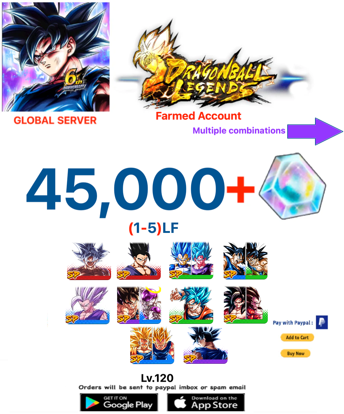 (Global Server)(ANDROID VERSION) 45.000 + Crystal Dragon Ball Legends Farmed Account