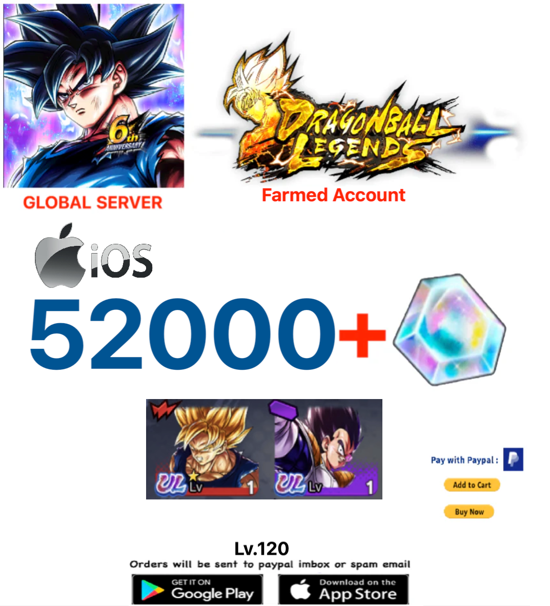 (Global Server)(IOS VERSION) 51.000 + Crystal 2 UL(GOKU+VEGETA) Dragon Ball Legends Farmed Account