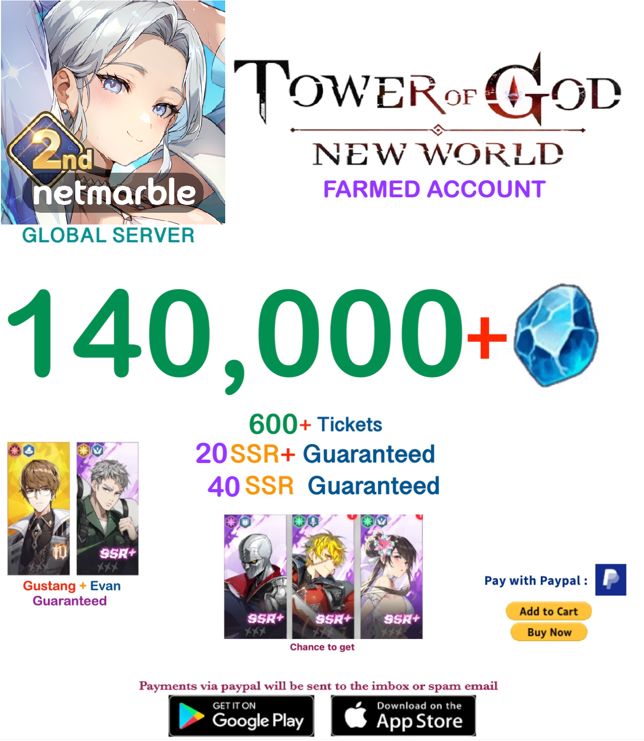 ⭐GLOBAL SERVER⭐ 140.000 Gems Tower of God New World Starter Account v4