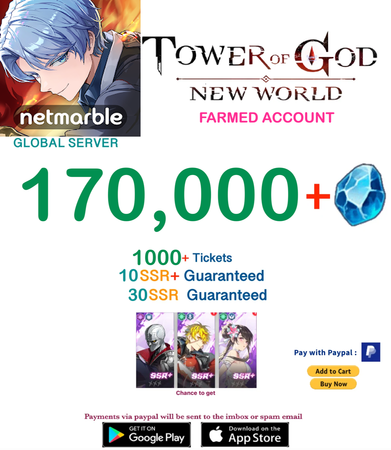 ⭐GLOBAL⭐INSTANT DELIVERY⭐ 170,000+ Gems - Tower of God New World Farmed Account