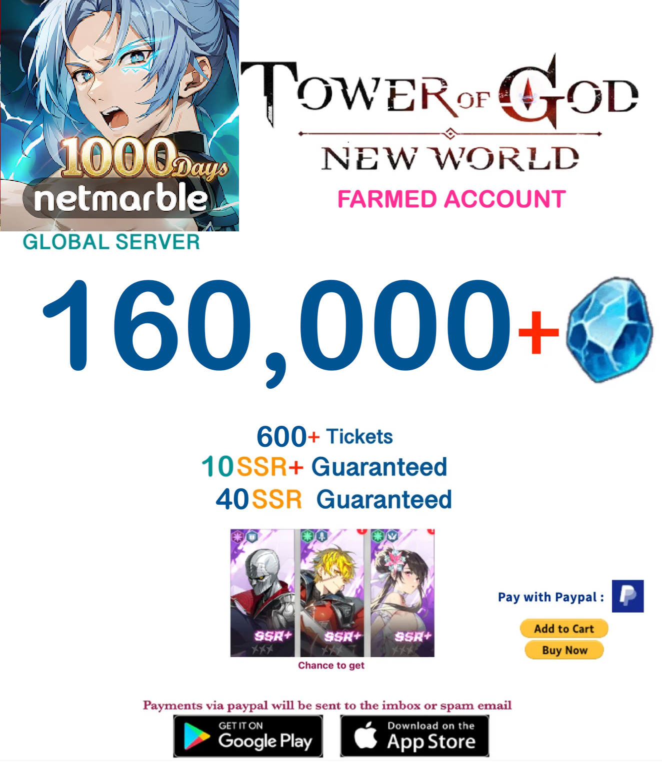 ⭐GLOBAL⭐INSTANT DELIVERY⭐ 160,000+ Gems - Tower of God New World Farmed Account