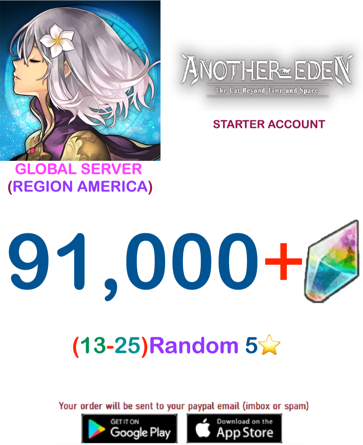 (Global Server - Region America) 91,000 Gems Another Eden Starter Account