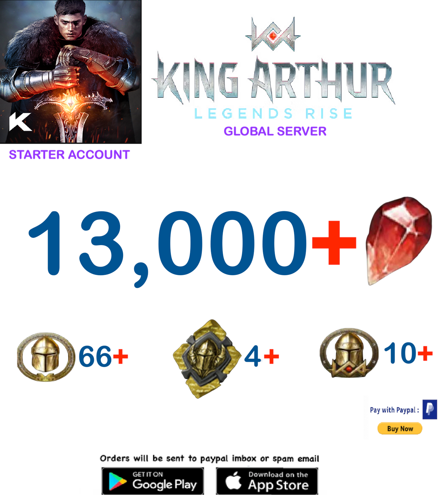 (Global Server) 13000 Gems King Arthur Legends Rise Starter Account