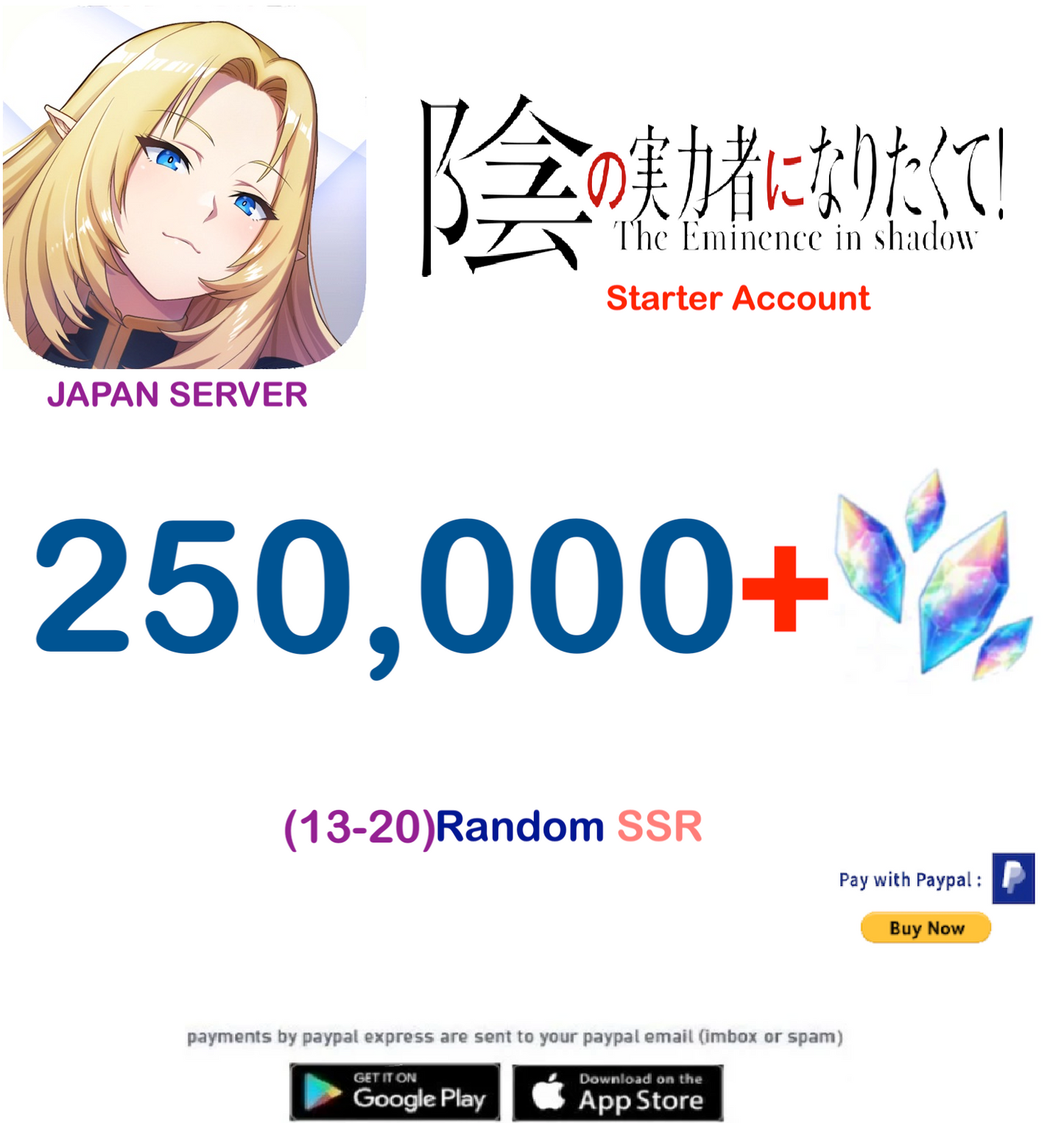 (Japan Server) 250,000 Gems The eminence in Shadow Starter Account