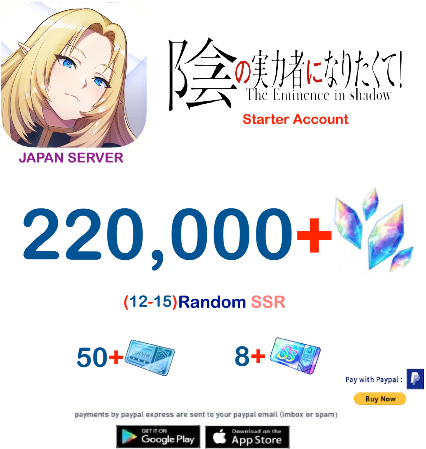 (Japan Server) 220,000 Gems The eminence in Shadow Starter Account
