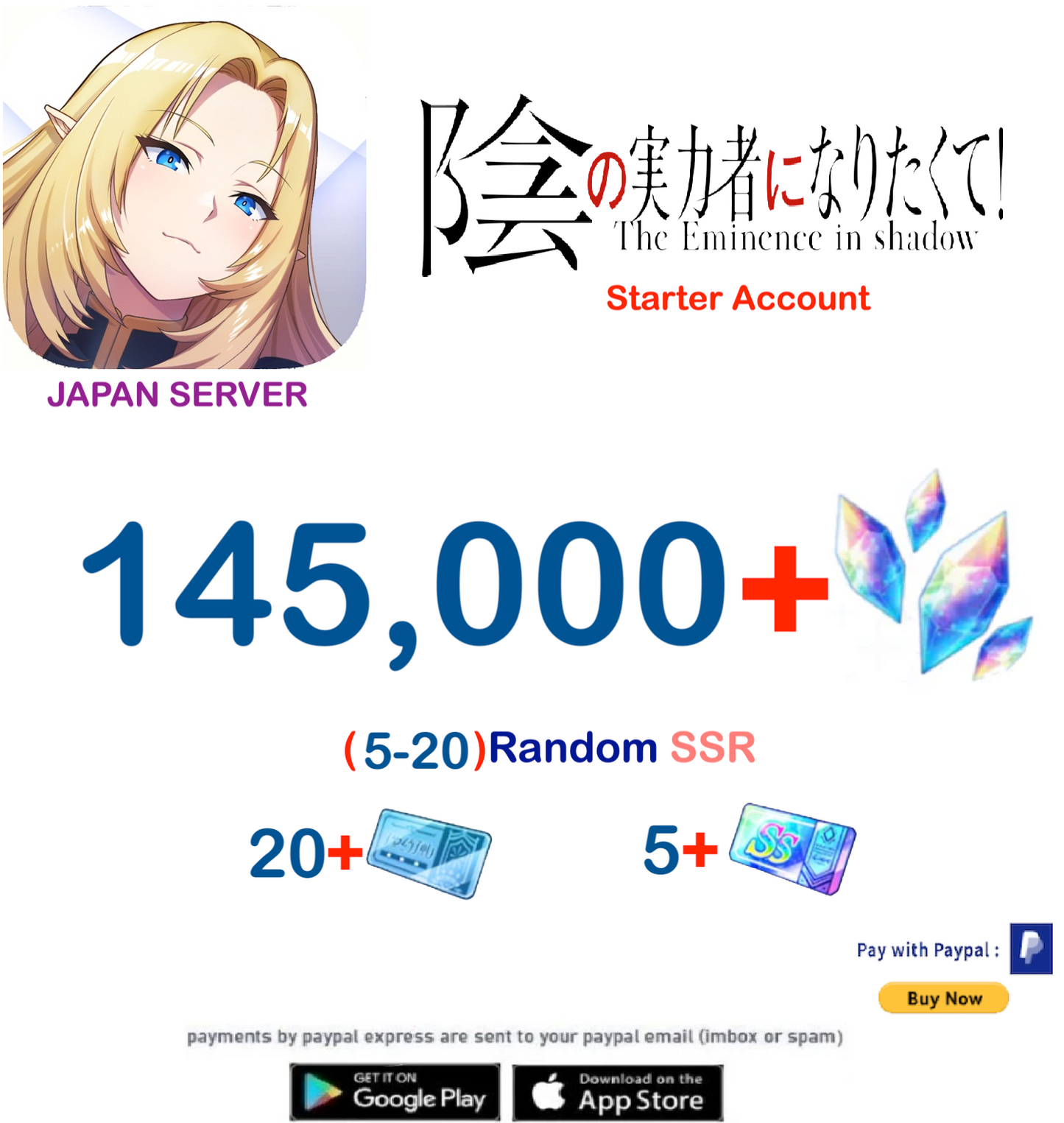 (Japan Server) 100,000 Gems The eminence in Shadow Starter Account