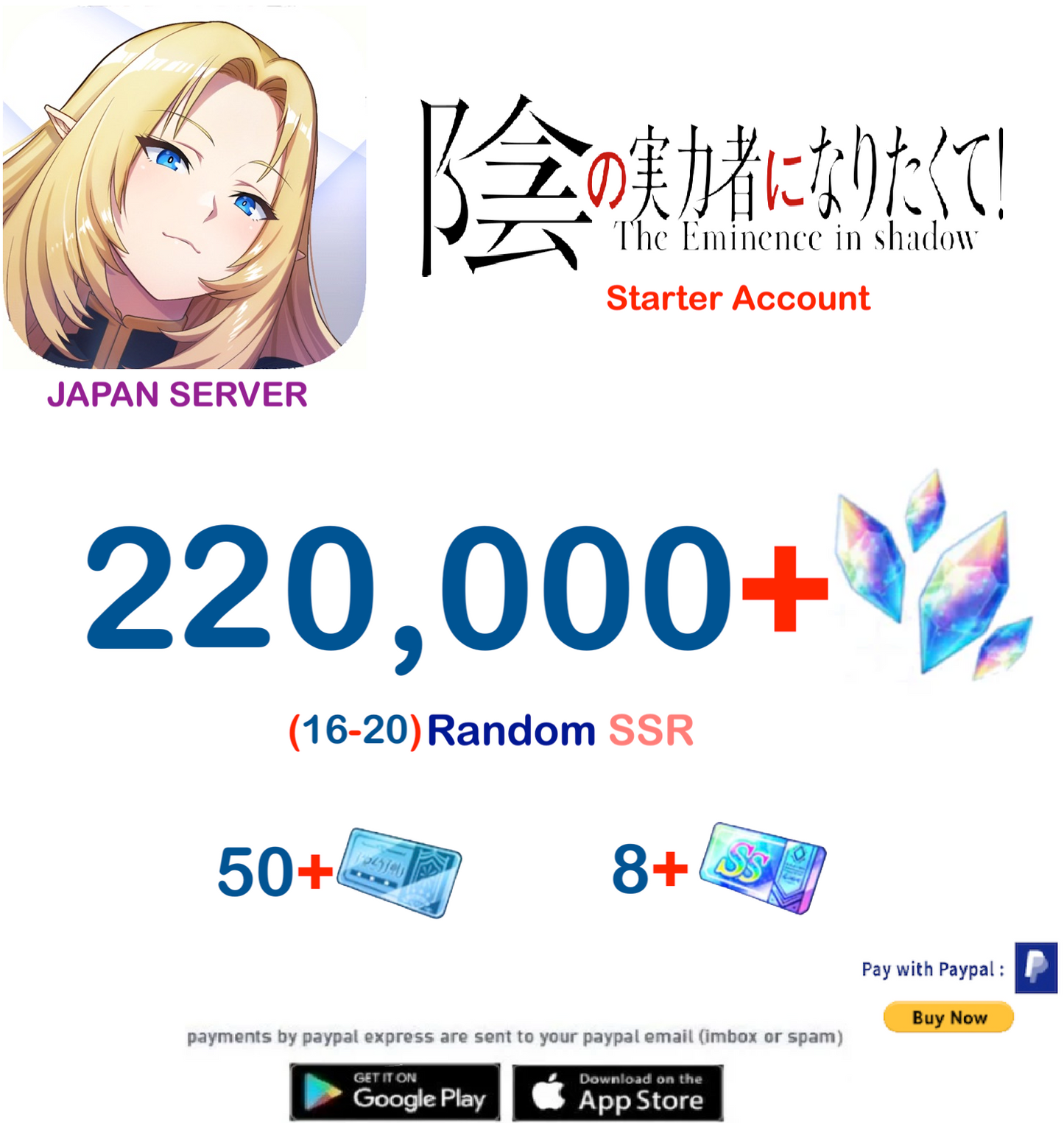 (Japan Server) 220,000 Gems The eminence in Shadow Starter Account