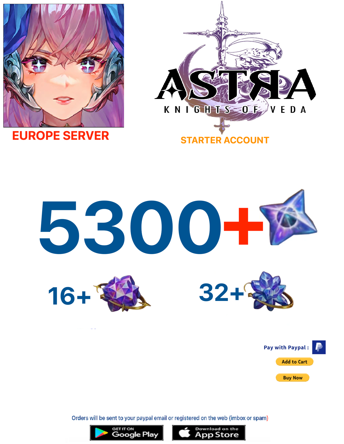 Europe Server)(BUY 2 - GET 3) 5300 + Starstones Astra : Knights of