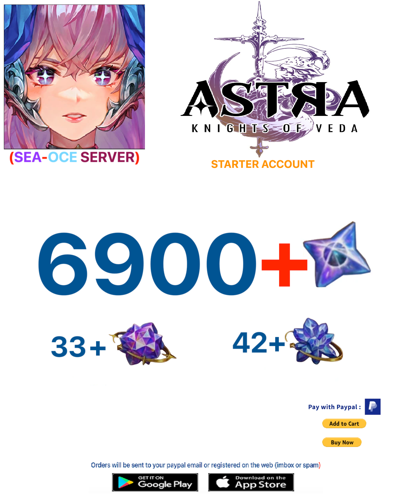 (SEA-OCE Server) 6900 + Starstones Astra : Knights of Veda Starter Account