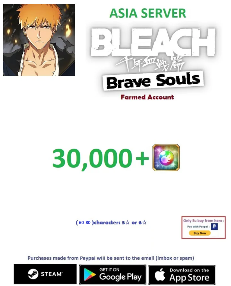 (Asia Server) 30.000 + Gems Bleach: Brave Souls Farmed Account