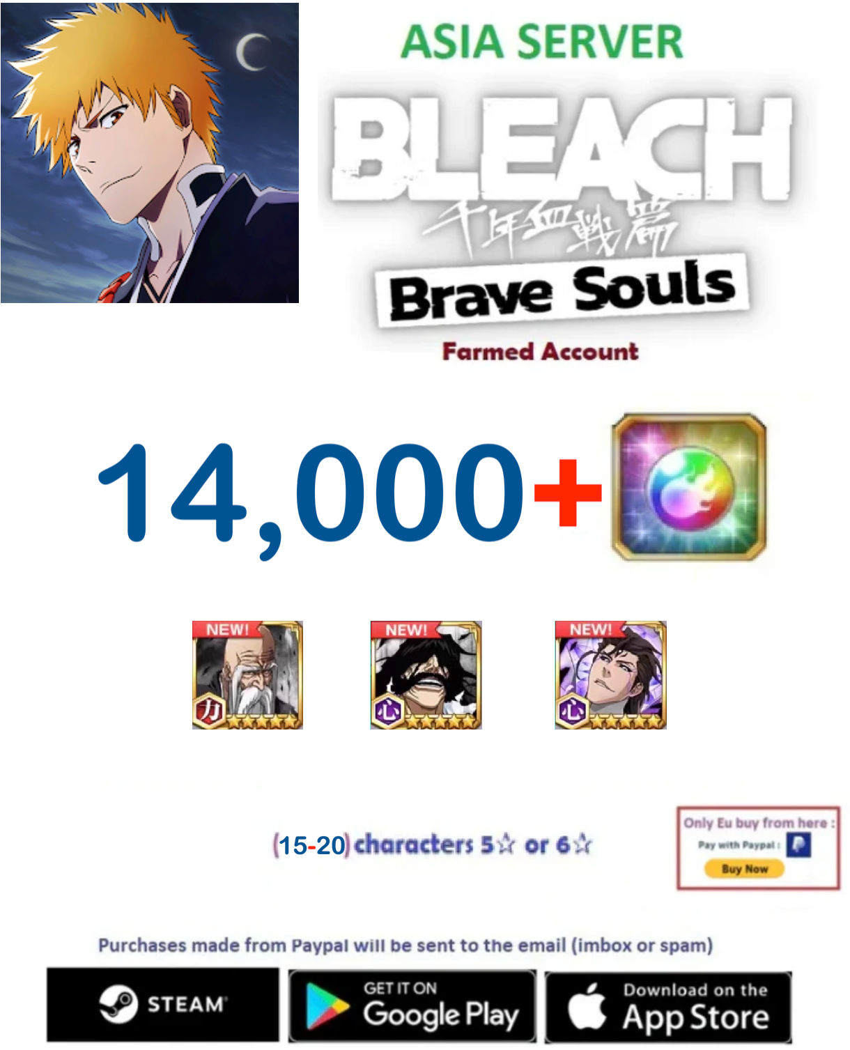 (Asia Server) 14.000 + Gems Bleach: Brave Souls Farmed Account
