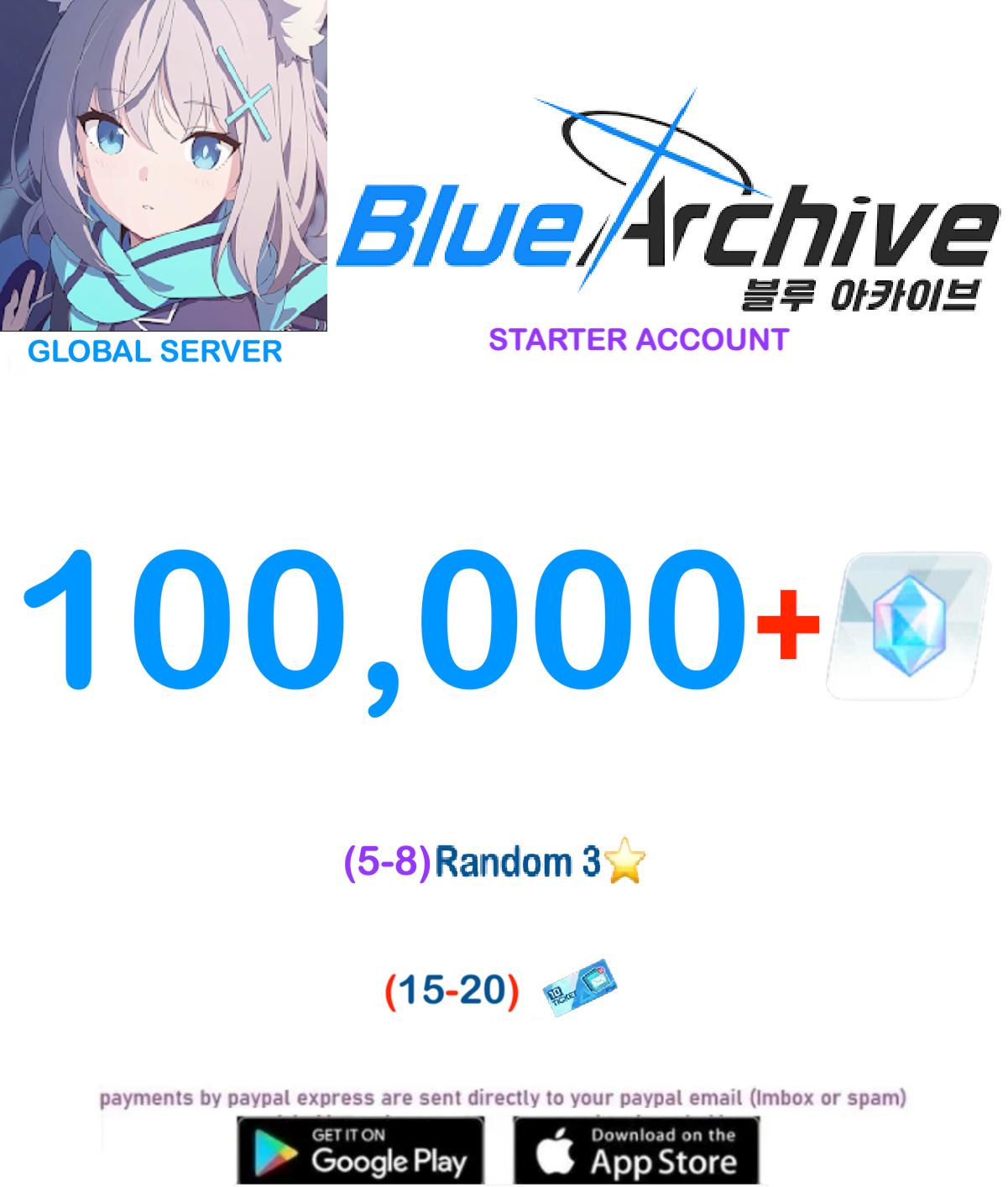 ⭐GLOBAL SERVER⭐100,000+ Gems, (3-5)- 3⭐ Blue Archive Starter Reroll Account