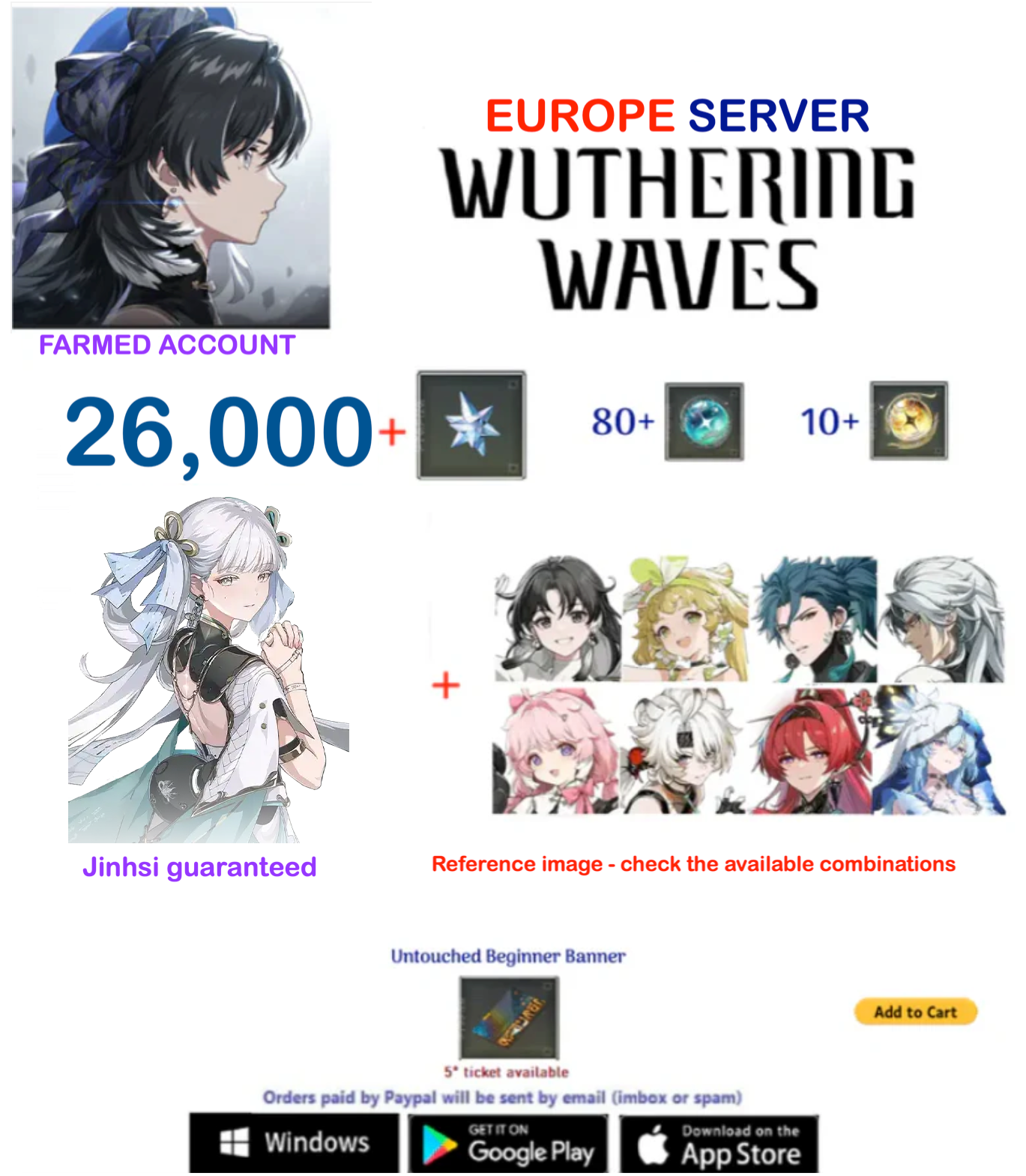 (EU Server) Jinhsi + Multiple Combinations - Wuthering Waves Farmed Account AR 28+