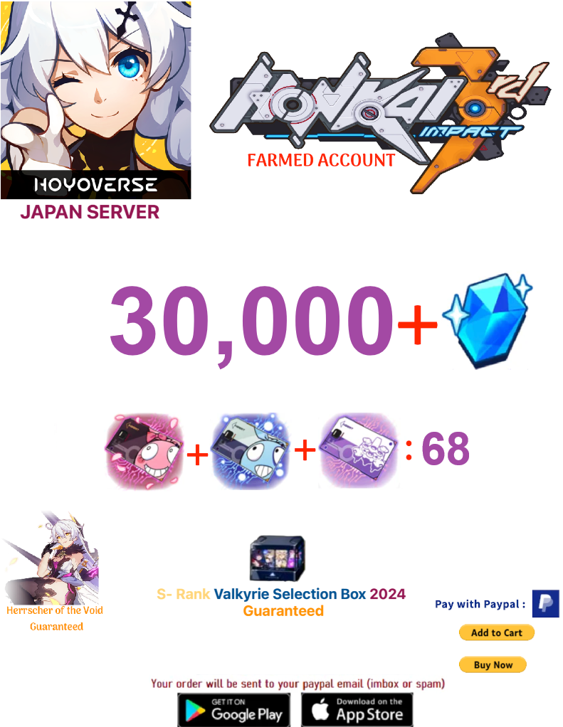 ⭐Japan Server⭐ Instant Delivery⭐ 30,000 Crystals 68 + Supply Cards Honkai Impact 3rd Farmed Account