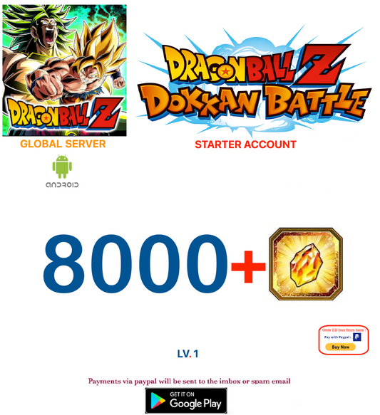 (Global Server)(ANDROID VERSION)  8000 + Dragon Stones  Dragon Ball Dokkan Battle Starter Account