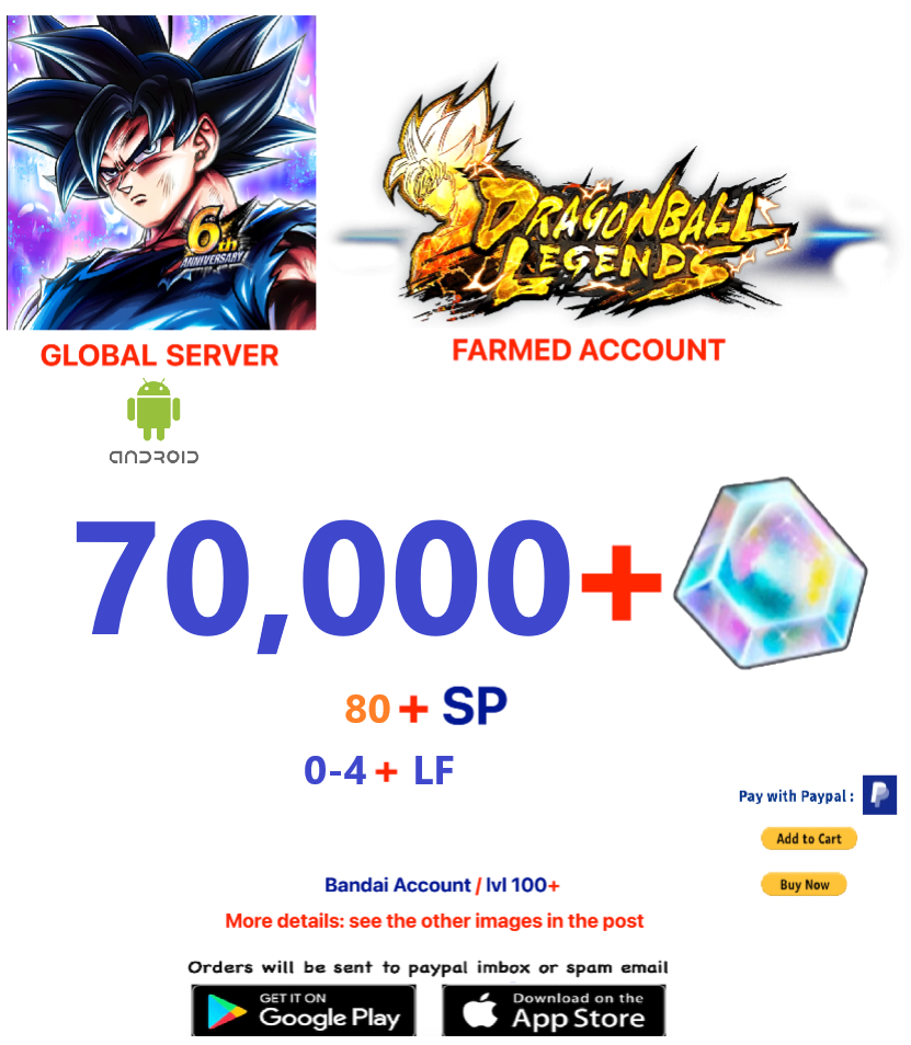 (Global Server)(ANDROID VERSION) 80.000 + Crystal Dragon Ball Legends Farmed Account