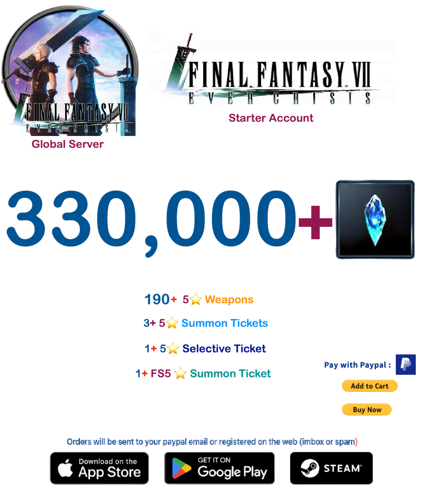 (Global Server) 330,000 + Crystal FINAL FANTASY VII EVER CRISIS Starter Account v2