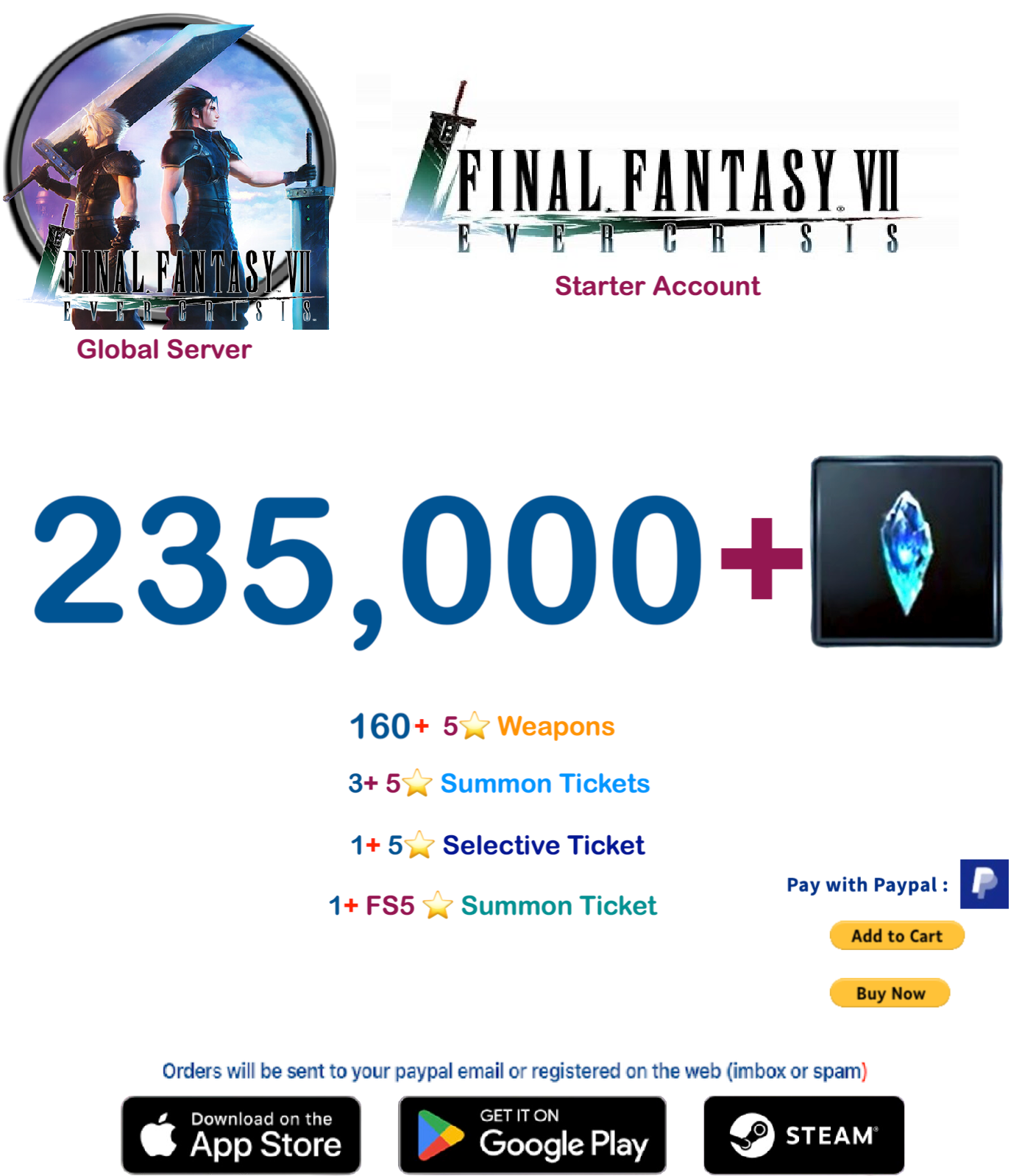 (Global Server) 235,000 + Crystal FINAL FANTASY VII EVER CRISIS Starter Account v2
