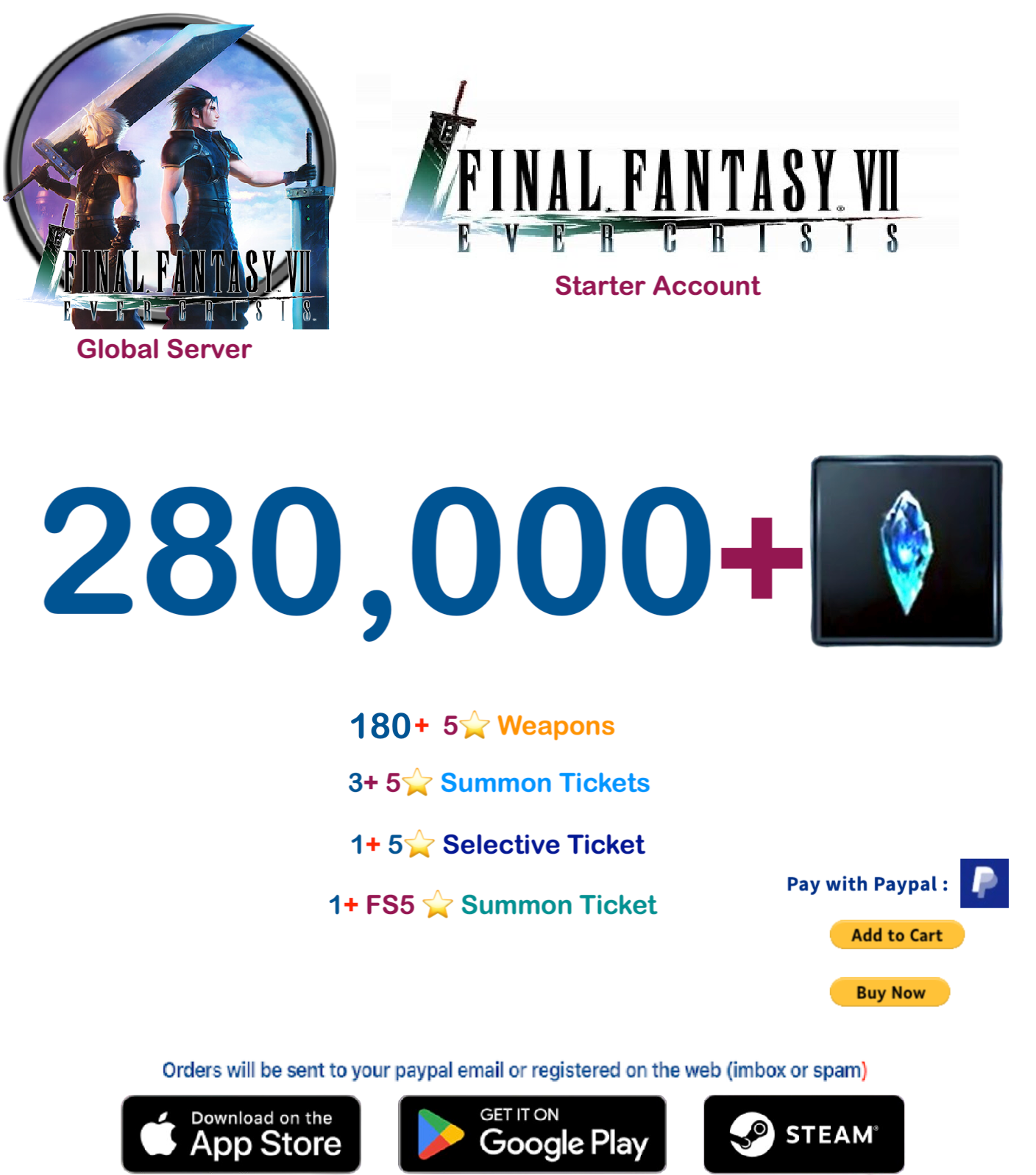 (Global Server) 280,000 + Crystal FINAL FANTASY VII EVER CRISIS Starter Account v2