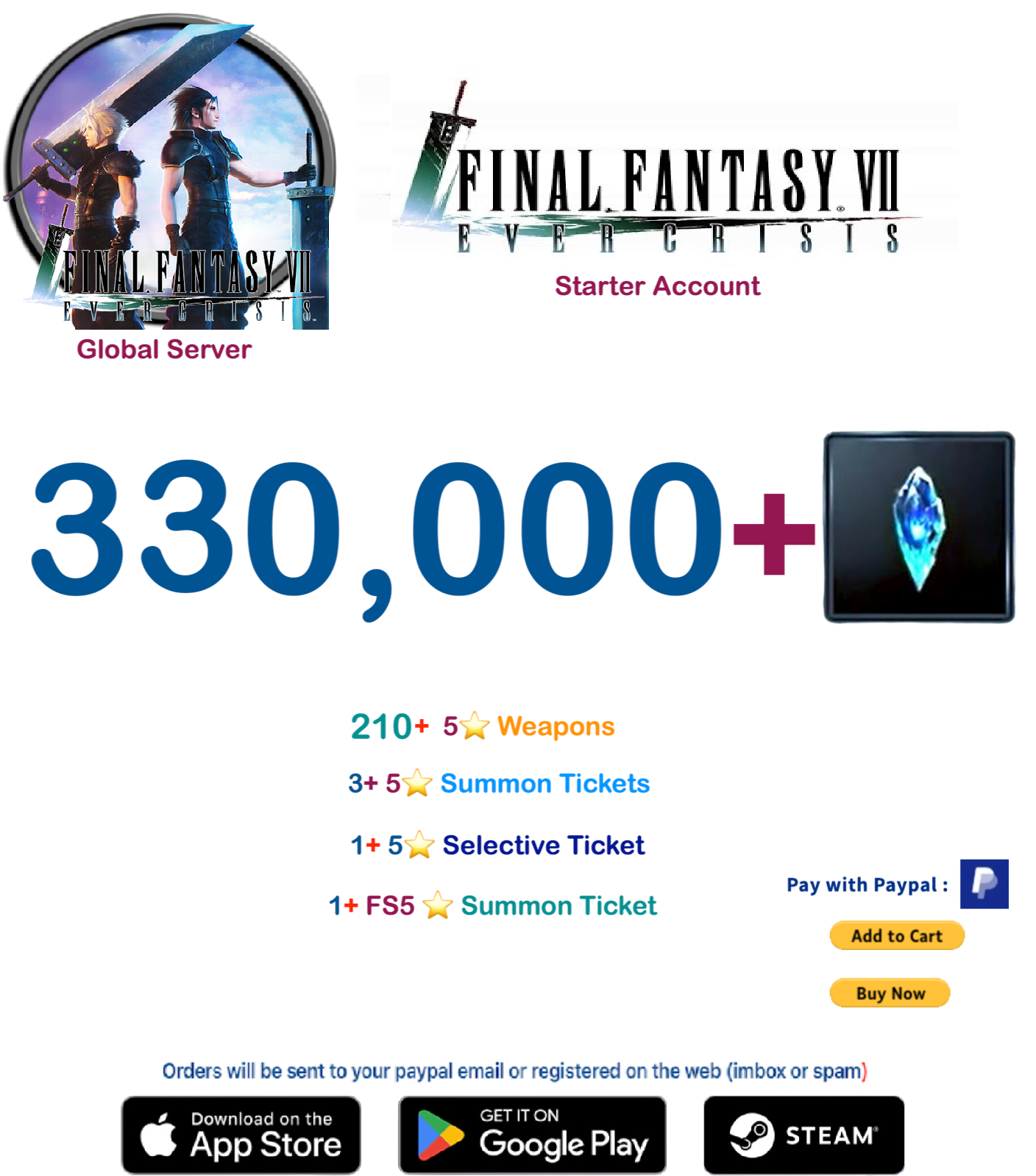 (Global Server) 330,000 + Crystal FINAL FANTASY VII EVER CRISIS Starter Account v3