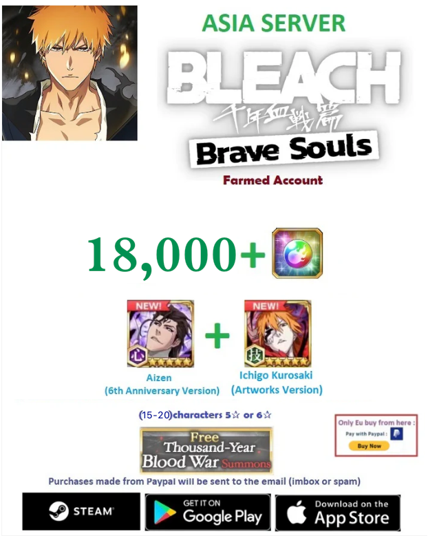 (Asia Server) 18.000 + Gems Bleach: Brave Souls Farmed Account
